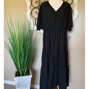 Ophelia Roe Wrap Dress Womens 2X Black NEW Textured Tiered Midi Puff Sleeve
